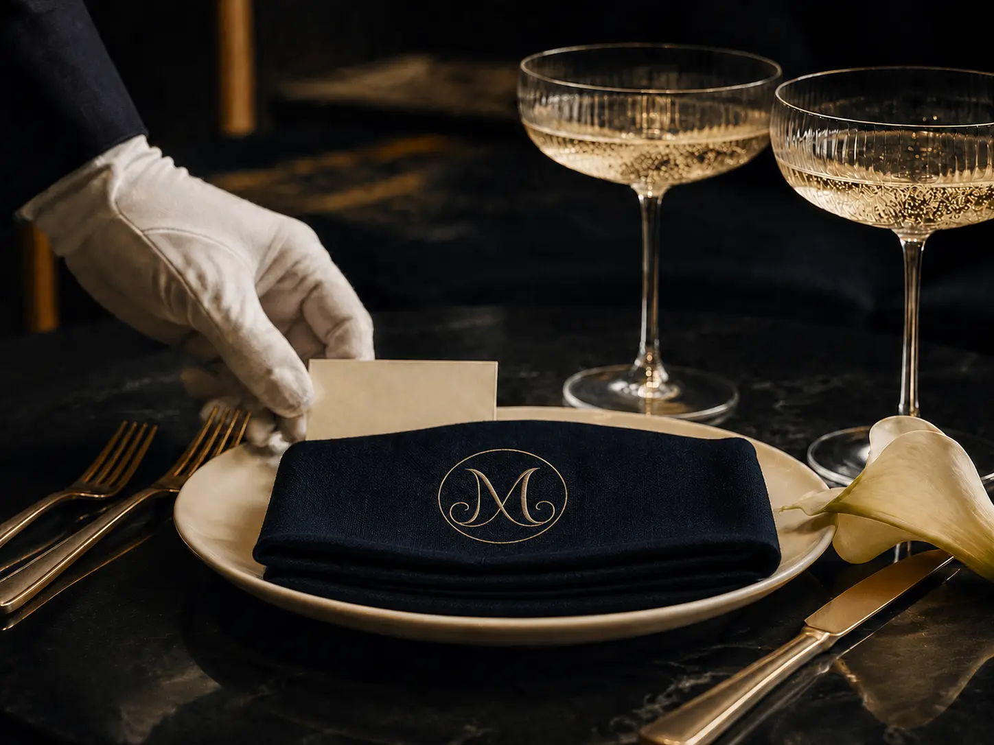 Gloved hand placing a card beside a monogrammed napkin